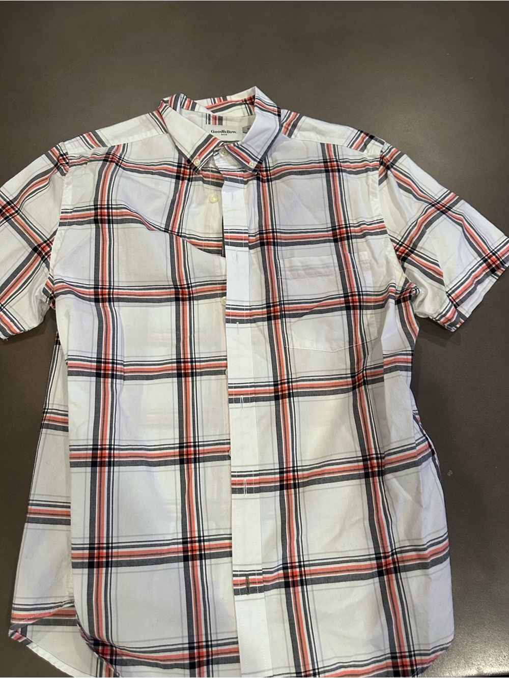 Goodfellow & Co White Short-Sleeve Plaid Button-Up with Orange and grey Stripes